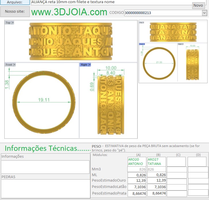 ALIANÇA reta 10mm com filete e textura nome ANTONIO JAQUES chapa 1 ARO20 3000000000213 ficha azul