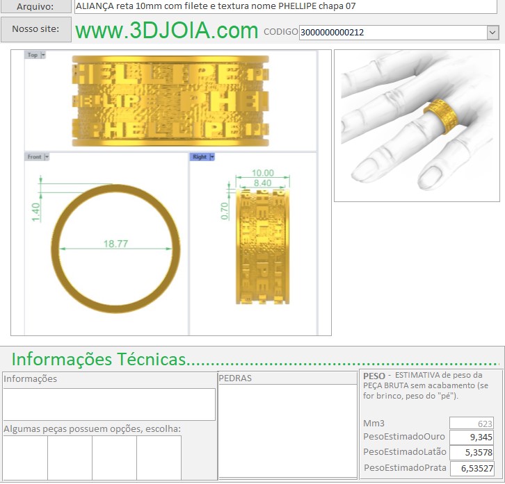 ALIANÇA reta 10mm com filete e textura nome PHELLIPE chapa 07 3000000000212 FICHA