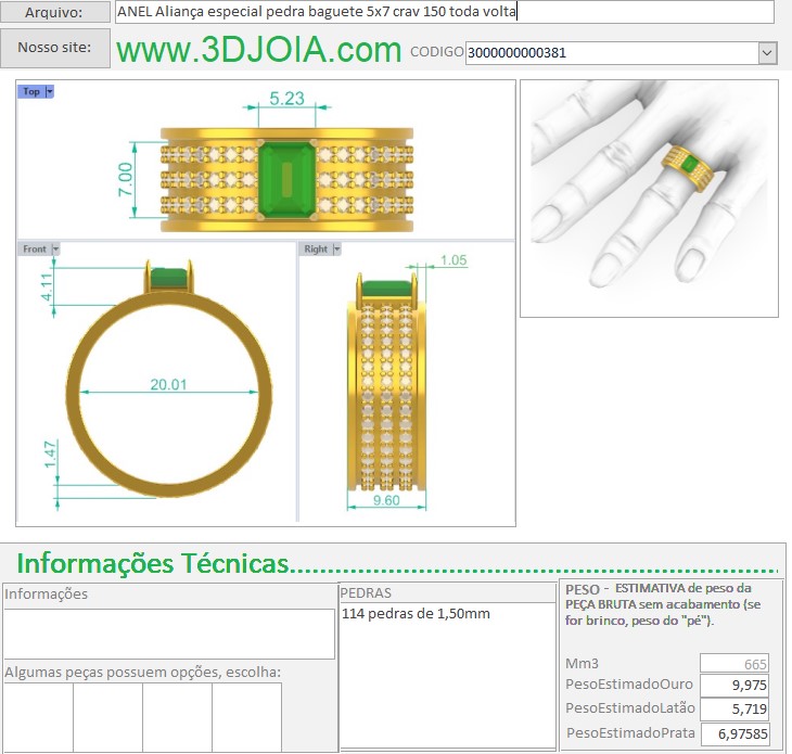 ANEL Aliança especial pedra baguete 5x7 crav 150 toda volta 3000000000381 ficha azul