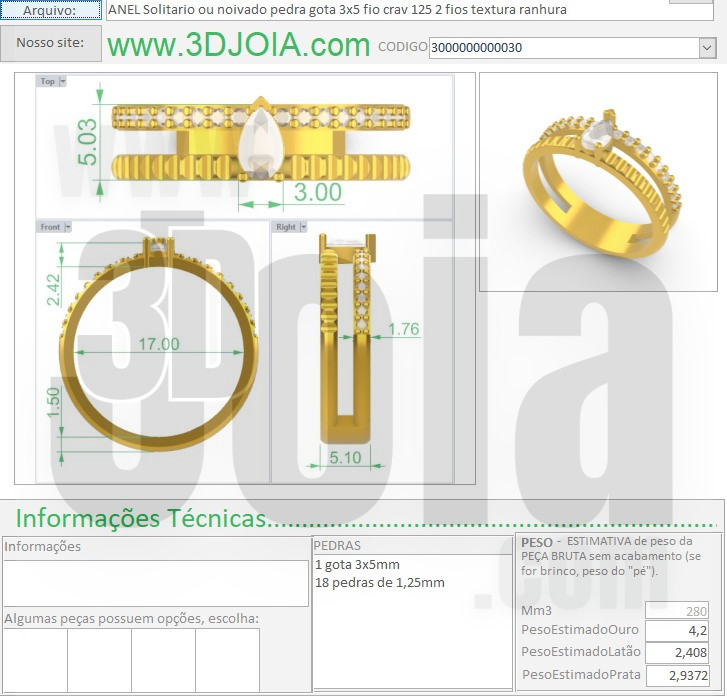 ANEL Aparador fio duplo bombe 500 pedra gota 3x5 buril crav 125 3000000000030 ficha azul