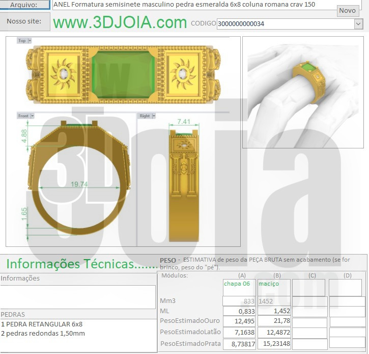 ANEL Formatura semisinete masculino pedra esmeralda 6x8 coluna romana crav 150 FICHA - Copia