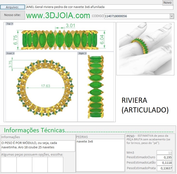 ANEL Geral riviera pedra de cor navete 3x6 afunilada 1140718000056 ficha
