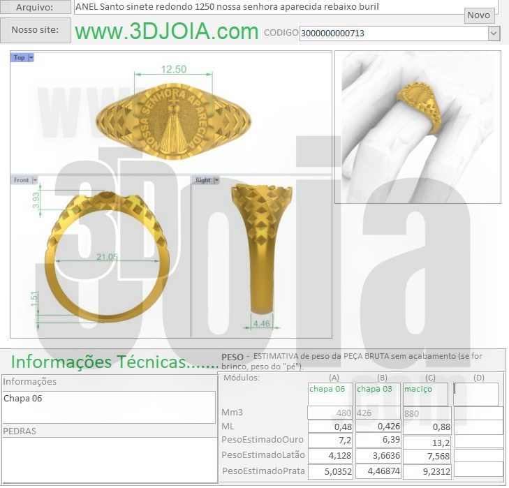 ANEL Santo sinete redondo 1250 nossa senhora aparecida rebaixo buril 3000000000713 FICHA branco