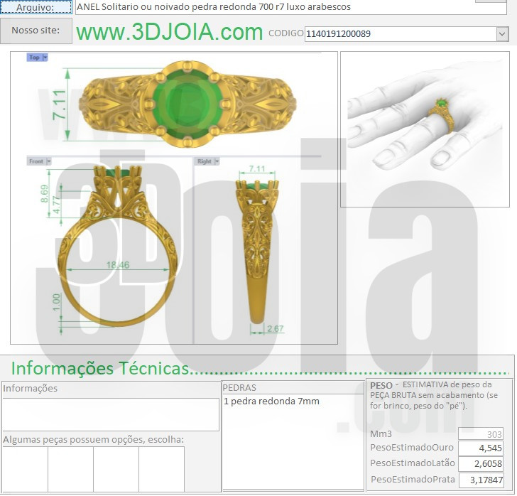 ANEL Solitario ou noivado pedra redonda 5mm r5 luxo arabescos 1140191200089 FICHA