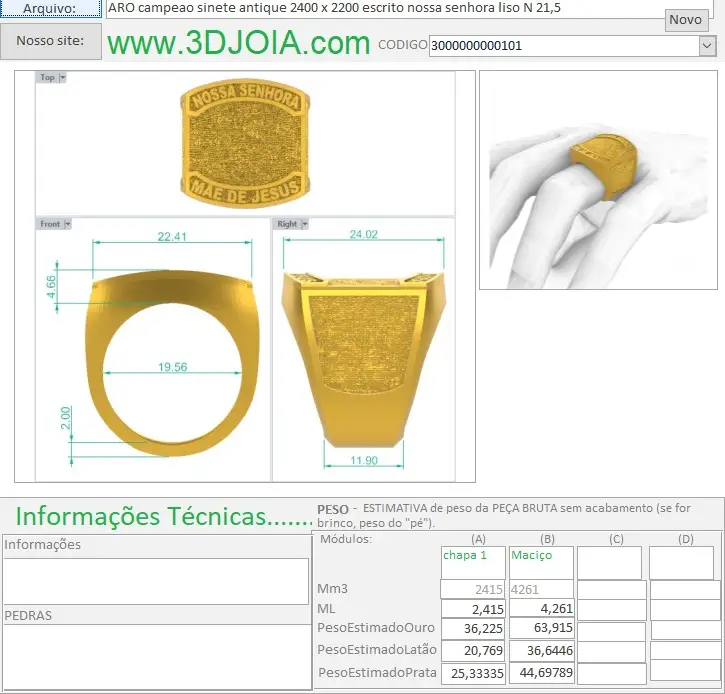 ARO campeao sinete antique 2400 x 2200 escrito nossa senhora liso N 21,5 3000000000101 FICHA
