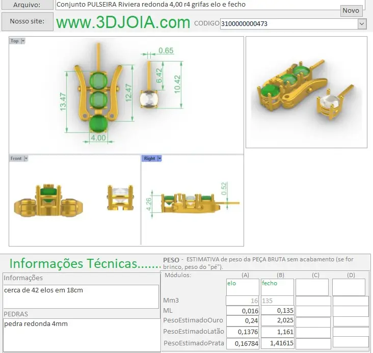 Conjunto PULSEIRA Riviera redonda 4,00 r4 grifas elo e fecho 3100000000473 ficha cinza