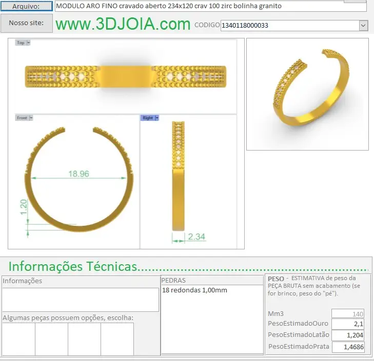 MODULO ARO FINO cravado aberto 234x120 crav 100 zirc bolinha granito N19 1340118000033 FICHA
