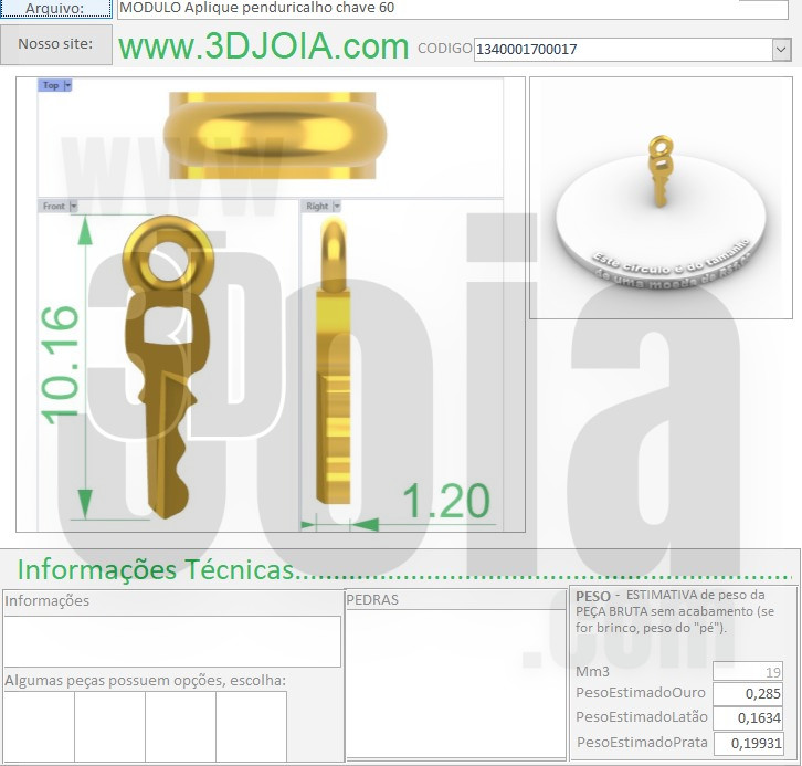 MODULO Aplique penduricalho chave 60 1340001700017 FICHA