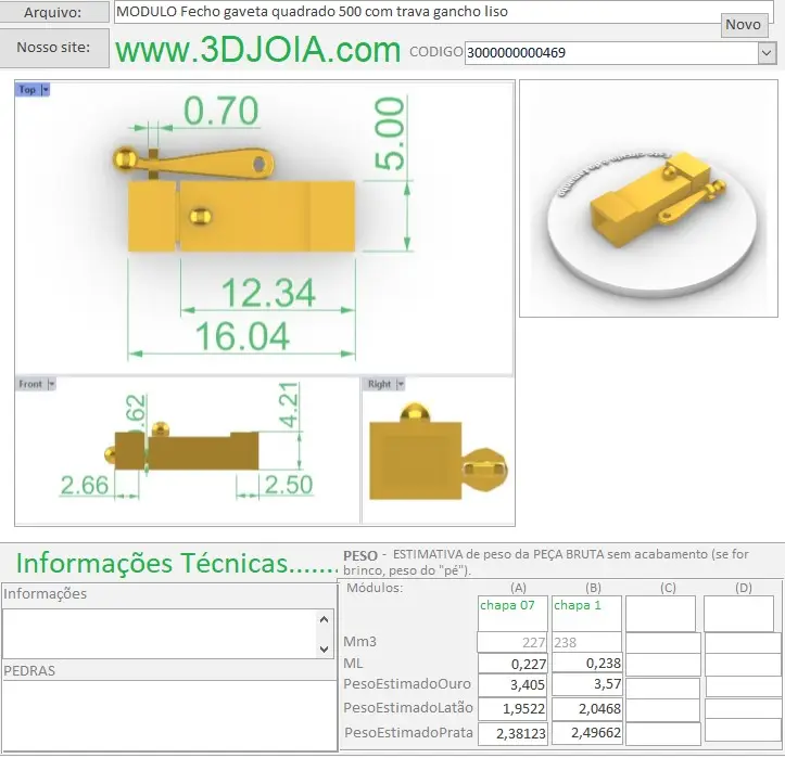MODULO Fecho gaveta quadrado 500 com trava gancho liso 3000000000469 FICHA lilas