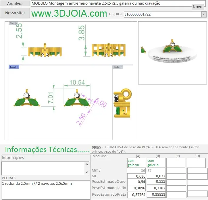 MODULO Montagem entremeio navete 2,5x5 r2,5 galeria ou nao cravação 3100000001722 ficha lilas