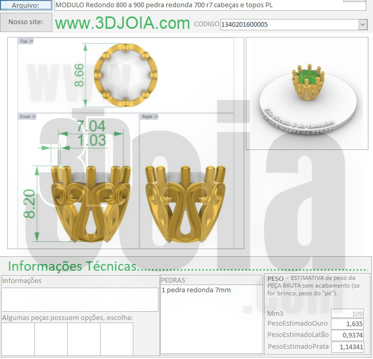 MODULO Redondo 800 a 900 pedra redonda 700 r7 cabeças e topos PL 1340201600005 ficha