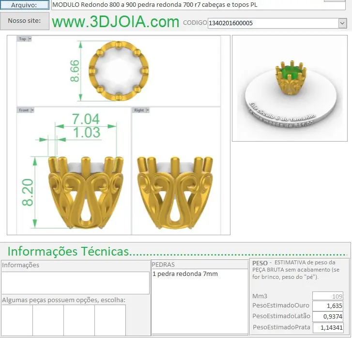 MODULO Redondo 800 a 900 pedra redonda 700 r7 cabeças e topos PL 1340201600005 ficha