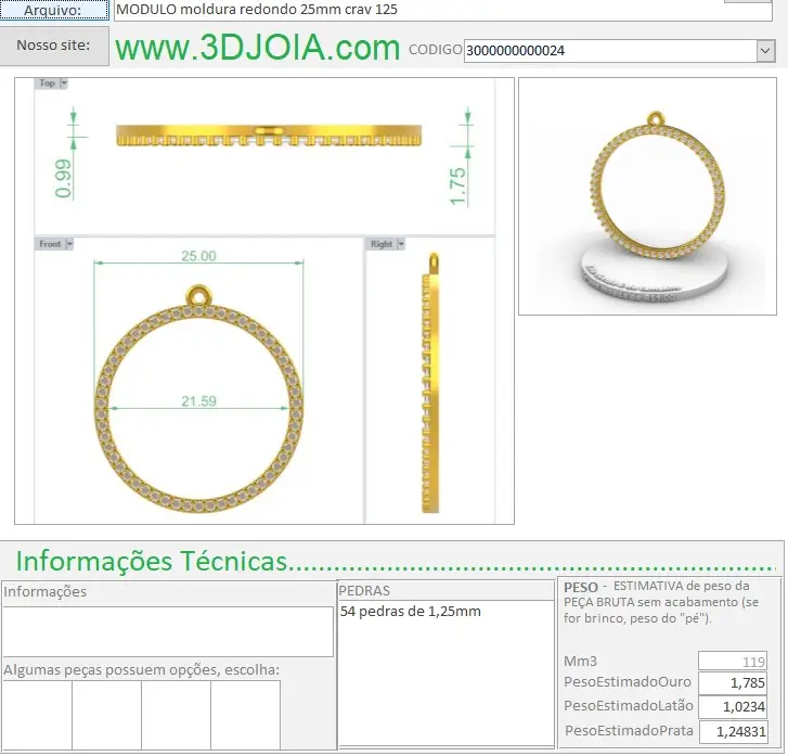 MODULO moldura redondo 25mm crav 125 3000000000024 ficha