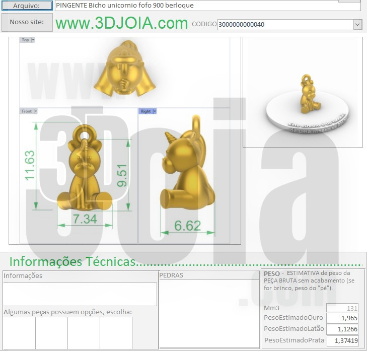 PINGENTE Bicho unicornio fofo 900 berloque 3000000000040 FICHA