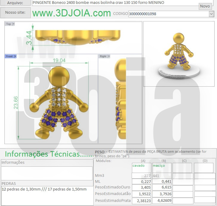 PINGENTE Boneco 2400 bombe maos bolinha crav 130 150 forro MENINO 3000000001098 ficha azul
