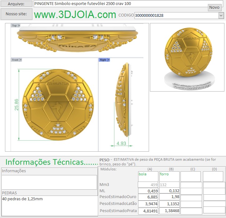 PINGENTE Simbolo esporte futevôlei 2500 crav 100 3000000001828 ficha azul