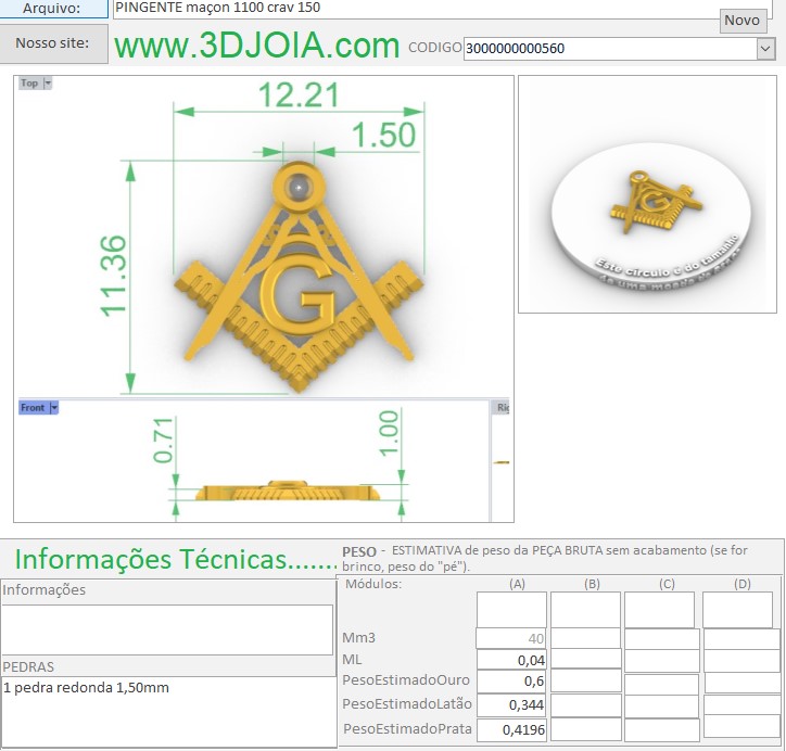 PINGENTE maçon 1100 crav 150 3000000000560 ficha lilás