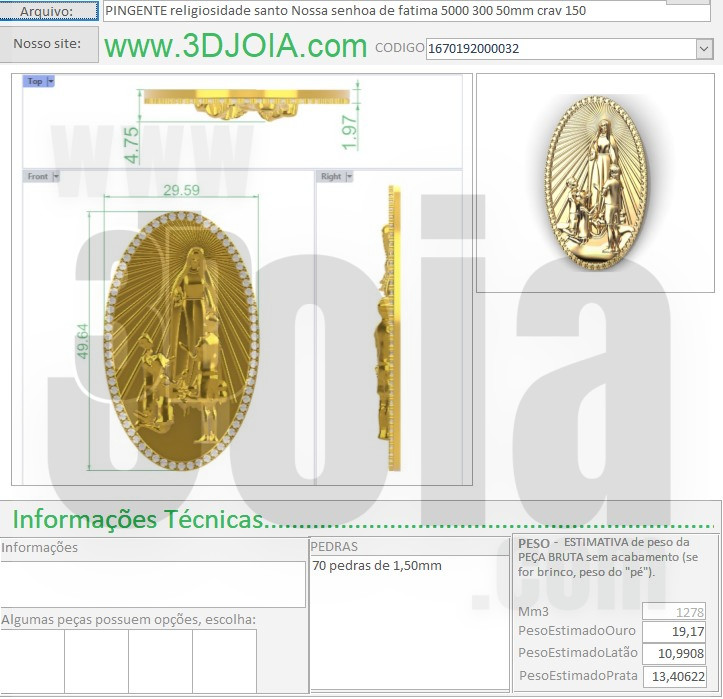 PINGENTE religiosidade santo Nossa senhora de fatima 5000 300 50mm crav 150 1670192000032 y FICHA