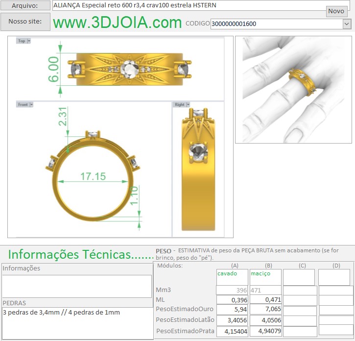 ALIANÇA Especial reto 600 r3,4 crav100 estrela HSTERN 3000000001600 ficha azul