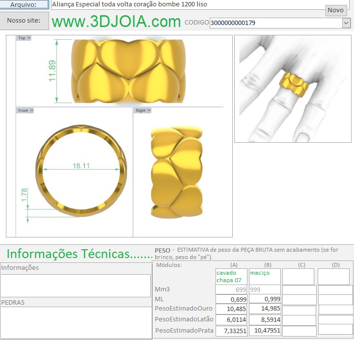 Aliança Especial toda volta coração bombe 1200 liso 3000000000179 FICHA AZUL
