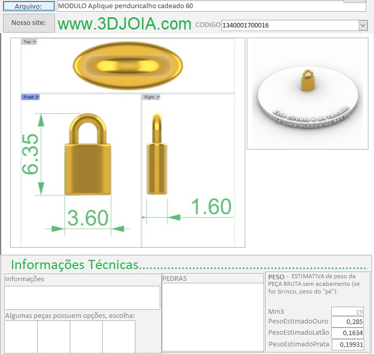 MODULO Aplique penduricalho cadeado 60 FICHA