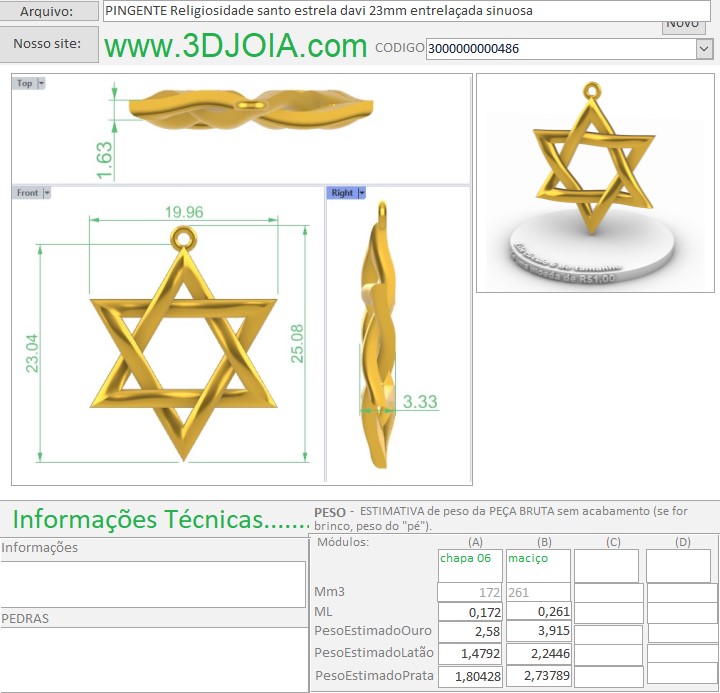 PINGENTE Religiosidade santo estrela davi 23mm entrelaçada sinuosa 3000000000486 ficha azul