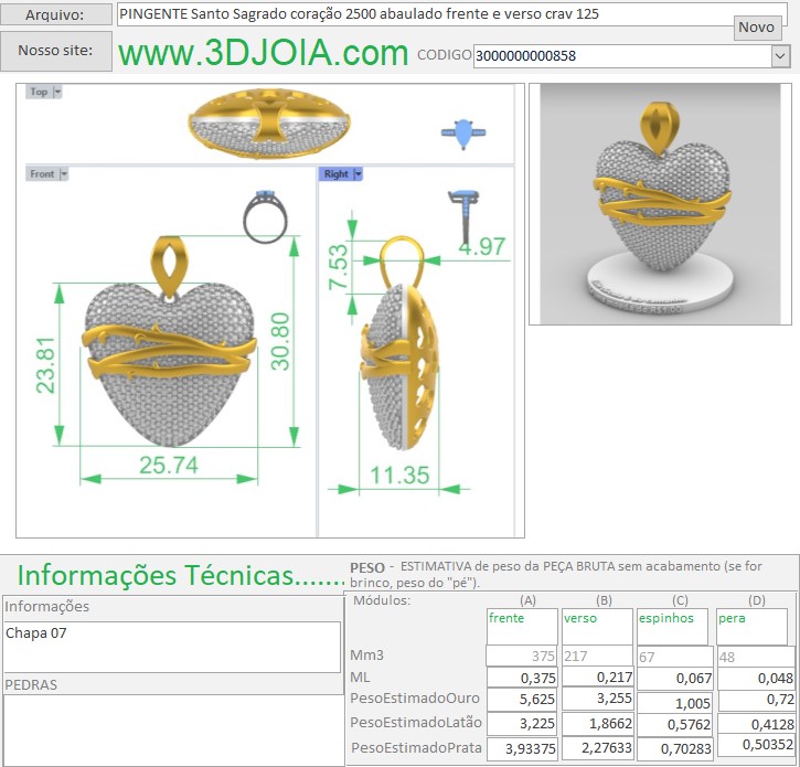 PINGENTE Santo Sagrado coração 2500 abaulado frente e verso crav 125 3000000000858 ficha pink