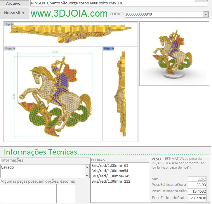 PINGENTE Santo São Jorge corpo 6000 solto crav 130 3000000000840 ficha roxo