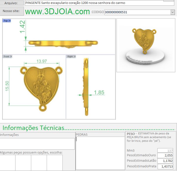 PINGENTE Santo escapulario coração 1200 nossa senhora do carmo 3000000000531 ficha verde