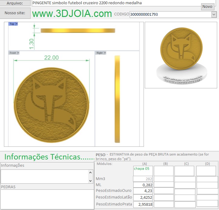 PINGENTE simbolo futebol cruzeiro 2200 redondo medalha 3000000001793 ficha azul