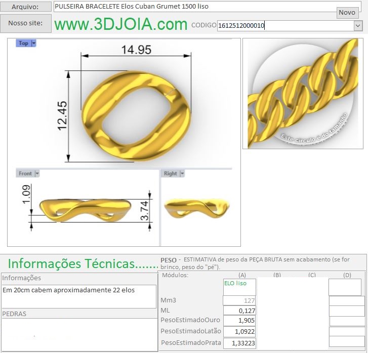 PULSEIRA BRACELETE Elos Cuban Grumet 1500 liso 1612512000010 ficha azul