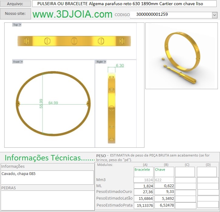 PULSEIRA OU BRACELETE Algema parafuso reto 630 1890mm Cartier com chave liso 3000000001259 FICHA branco