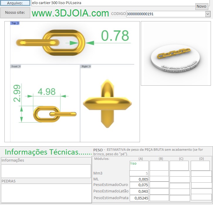 elo cartier 500 liso PULseira 3000000000191 FICHA azul