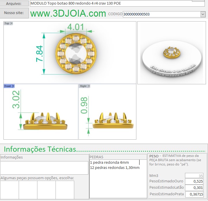 017.23789 MODULO Topo botao 800 redondo 4 r4 crav 130 POE 3000000000503 ficha marrom