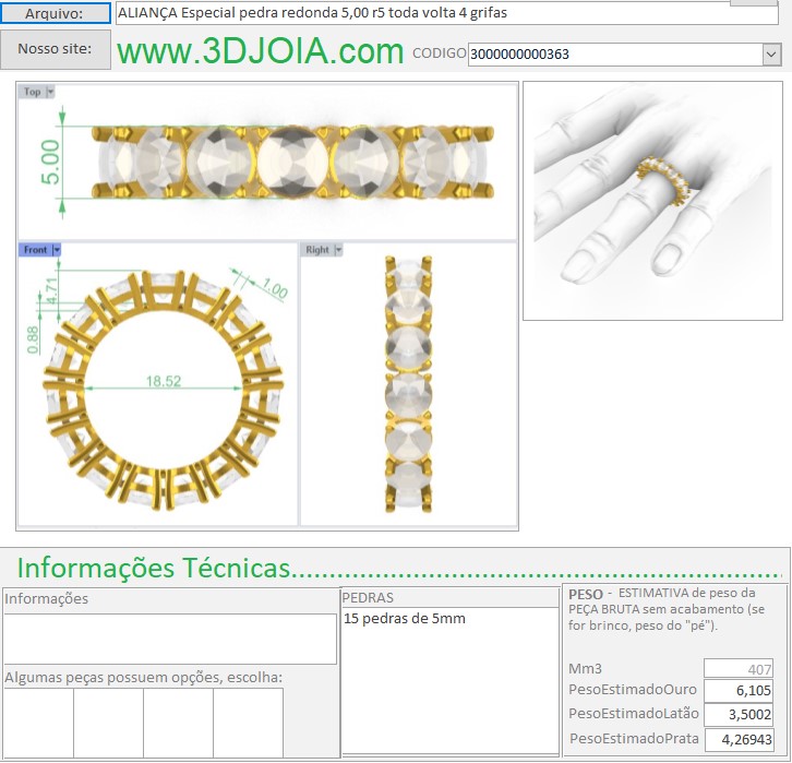 ALIANÇA Especial pedra redonda 5,00 r5 toda volta 4 grifas 3000000000363 ficha azul