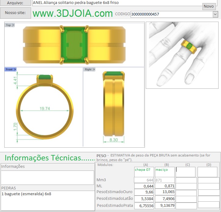 ANEL Aliança solitario pedra baguete 6x8 friso 3000000000457 ficha azul