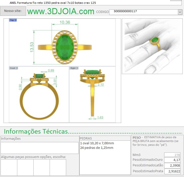 ANEL Formatura fio reto 1350 pedra oval 7x10 botao crav 125 3000000000117 ficha