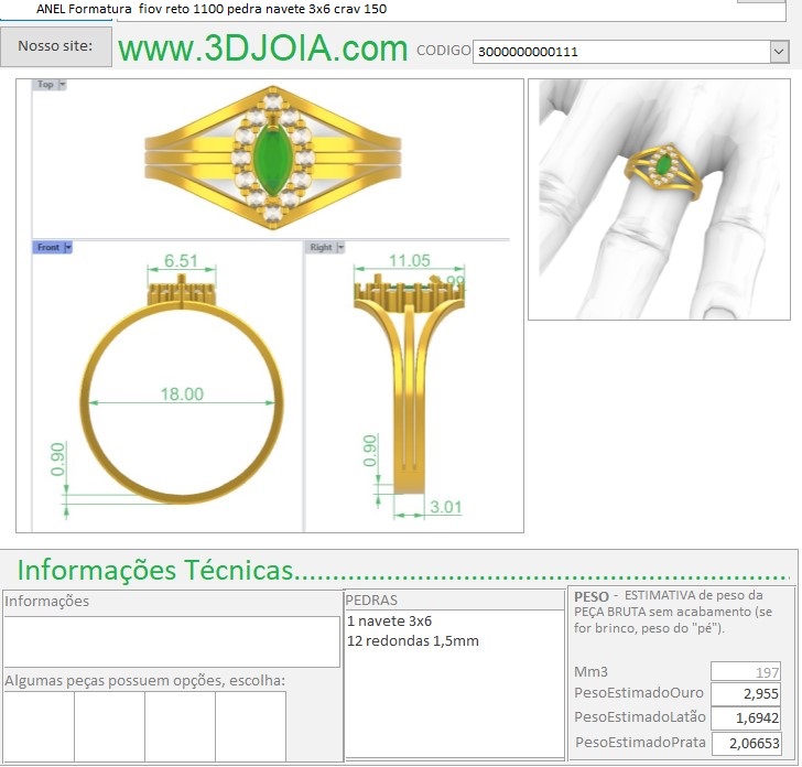 ANEL Formatura fiov reto 1100 pedra navete 3x6 crav 150 3000000000111 ficha