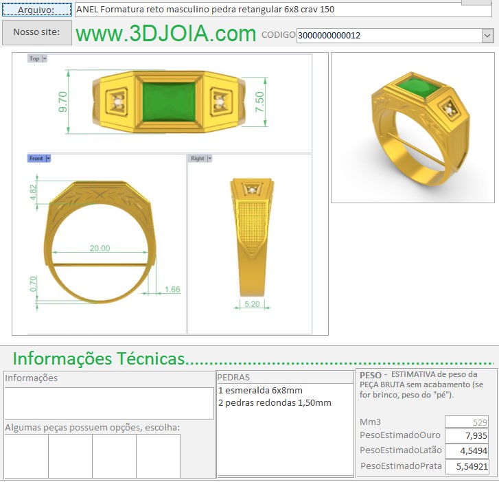 ANEL Formatura reto masculino pedra retangular 6x8 crav 150 3000000000012 ficha - Copia