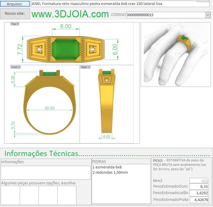 ANEL Formatura semisinete masculino pedra esmeralda 6x8 crav 150 lateral lisa 3000000000015 (1) - Copia
