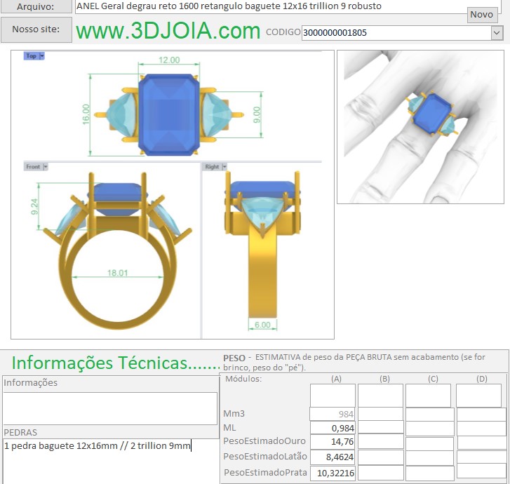 ANEL Geral degrau reto 1600 retangulo baguete 12x16 trillion 9 robusto 3000000001805 ficha azul