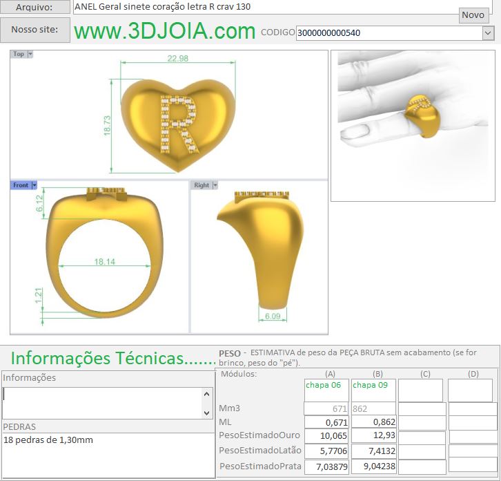 ANEL Geral sinete coração letra R crav 130 3000000000540 FICHA cinza