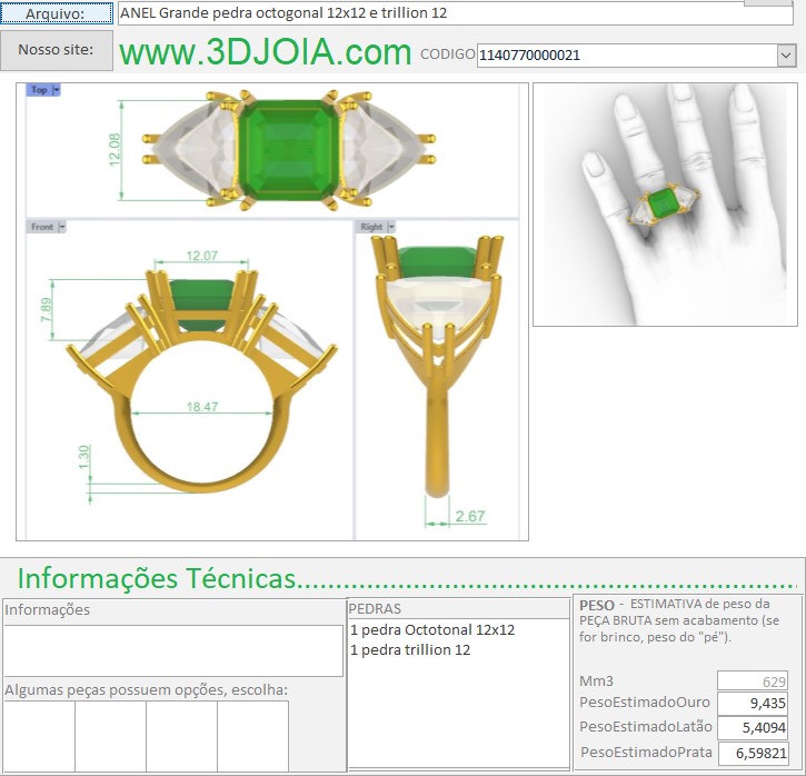 ANEL Grande pedra octogonal 12x12 e trillion 12 1140770000021 ficha cinza