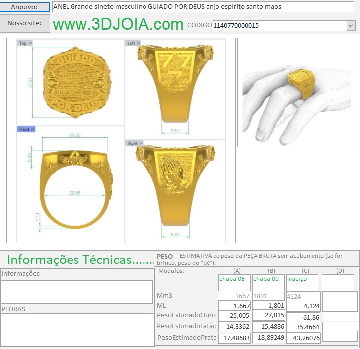 ANEL Grande sinete masculino GUIADO POR DEUS anjo espirito santo maos 1140770000015 FICHA