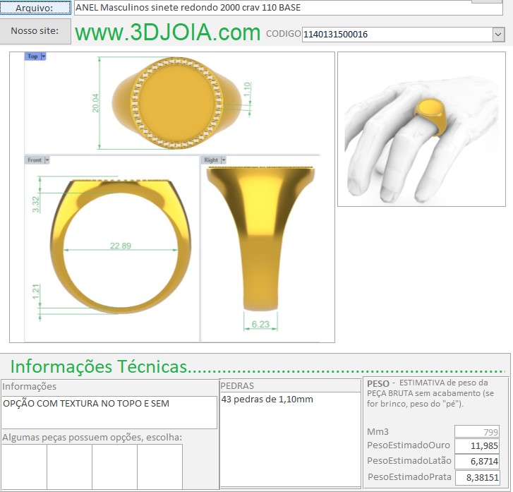 ANEL Masculinos sinete chevalier redondo 2000 crav 110 BASE 1140131500016 ficha