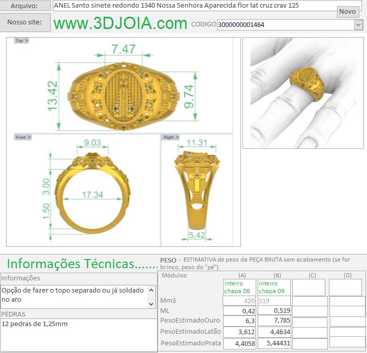 ANEL Santo sinete redondo 1340 Nossa Senhora Aparecida flor lat cruz crav 125 3000000001464 ficha roxo