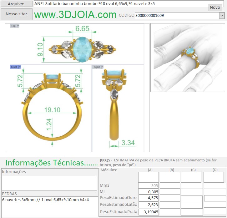 ANEL Solitario bananinha bombe 910 oval 6,65x9,91 navete 3x5 3000000001609 aro estreito FICHA AZUL