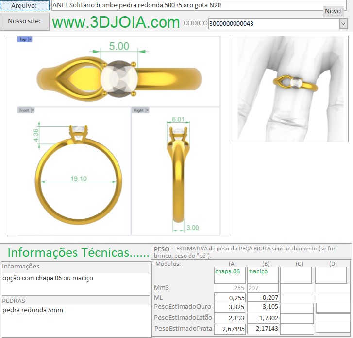 ANEL Solitario bombe pedra redonda 500 r5 aro gota N20 3000000000043 FICHA