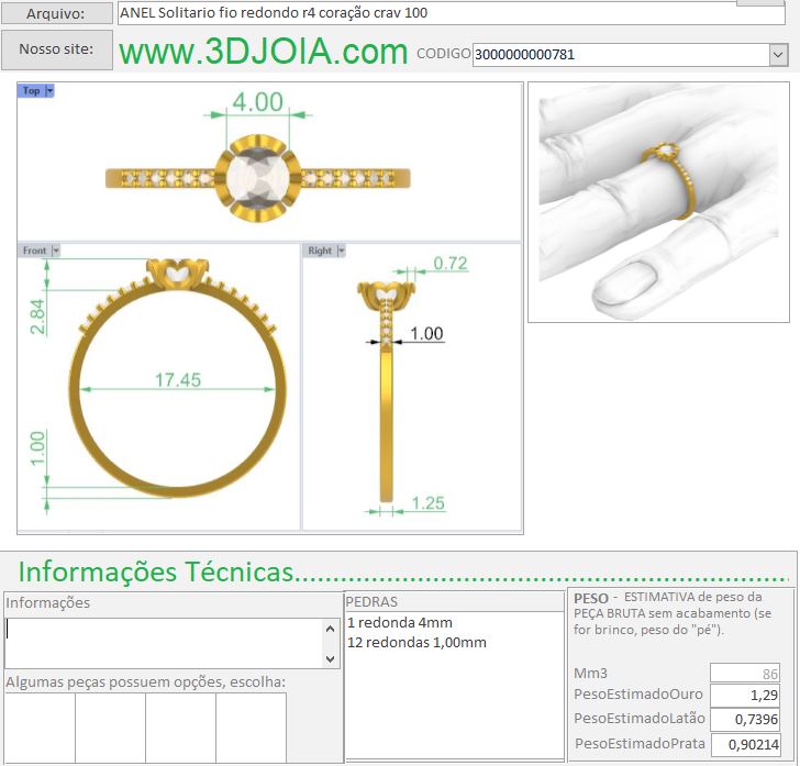 ANEL Solitario fio redondo r4 coração crav 100 3000000000781 ficha azul