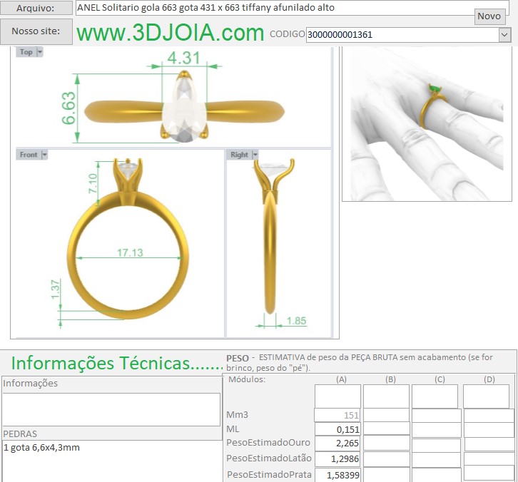ANEL Solitario gola 663 gota 431 x 663 tiffany afunilado alto 3000000001361 ficha azul